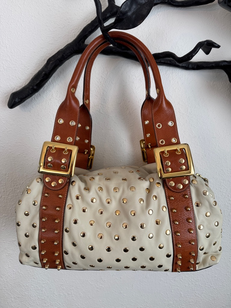 Be & D Studded Leather Garbo Satchel Beige/Cognac 2004